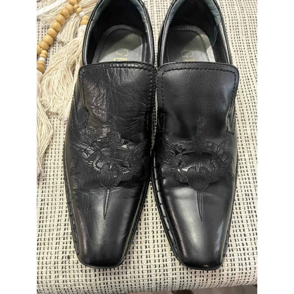 Guess Mgmicky Black Leather Embossed Sword & Wings Western Loafers Size 10M